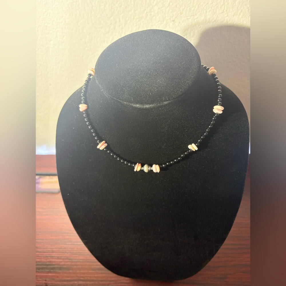Black Onyx bead Pink Conch and Navajo pearl Necklace